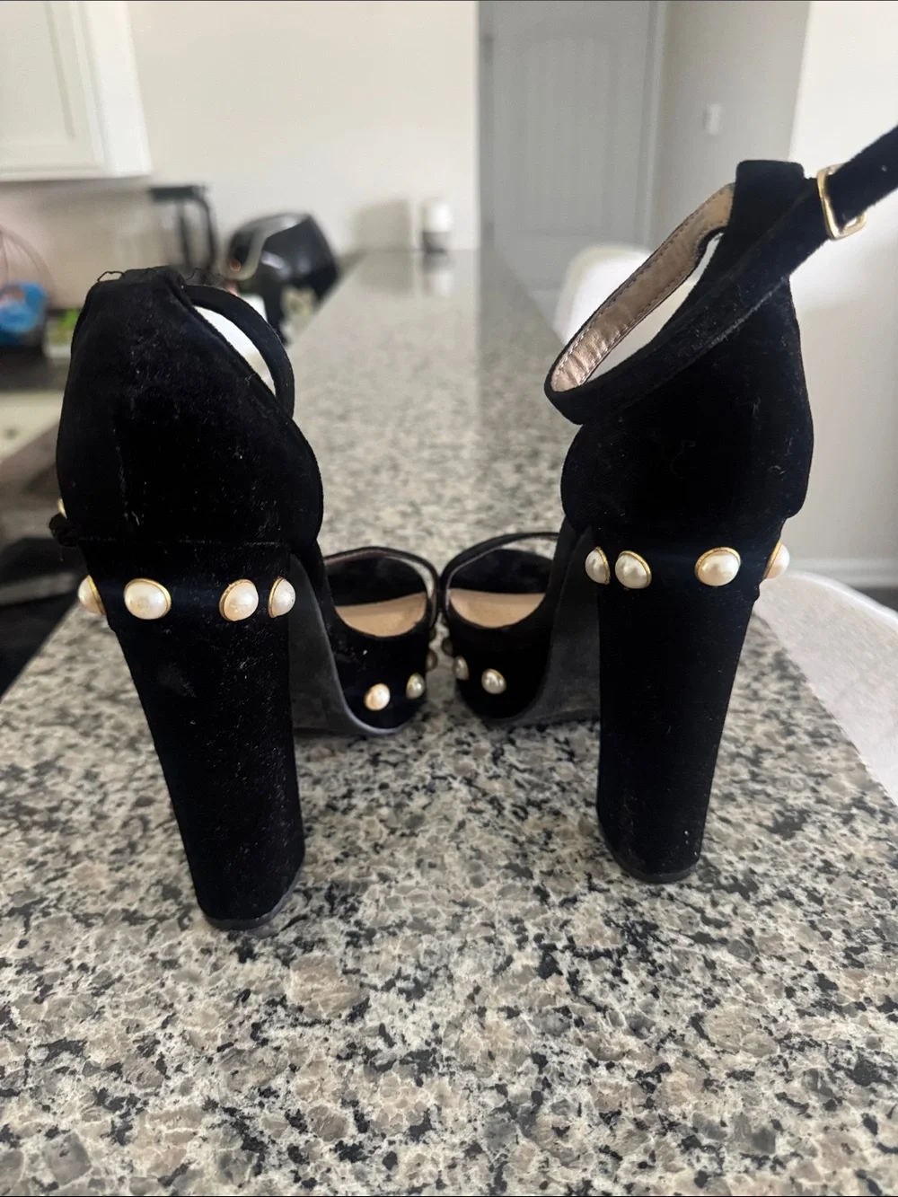Black Pearl-Embellished Platform Heels - Women